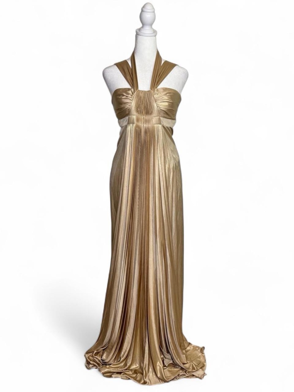 BCBGMaxazria Metallic Gold Halter Maxi Dress Y2K Grecian Ruched Gown S
